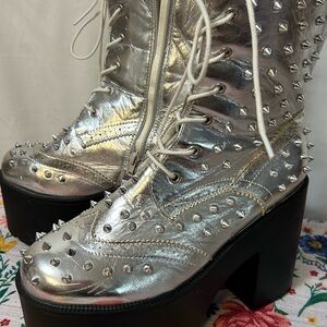 Silver Studded Lace-Up Zippered Platform Boots
